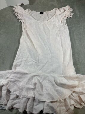 Terzo Millennio White 100% Linen Ruffled Mini Dress Tassel Sleeves Medium